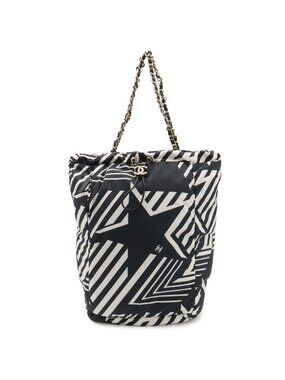Chanel Coco Beach Backpack Chain Shoulder Bag Star Pattern Nylon Leather Black